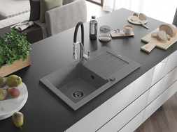 Mexen Pablo granitinė vienos kameros plautuvė su nutekėjimu ir Aster virtuviniu maišytuvu, pilka - 6510-71-73450-07-B