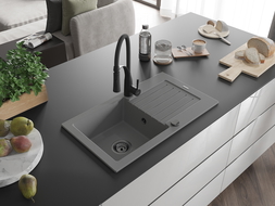 Mexen Pablo granito virtuvės plautuvė su viena plautuvine ir nutekėjimu ir virtuvės maišytuvu Aster, pilka - 6510-71-73450-70-B