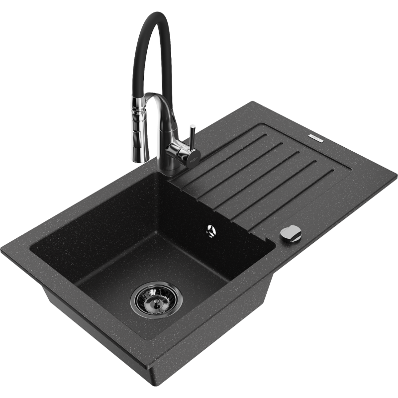 Mexen Pablo grindinis akmens vienos kameros kriauklė su nusausinimo skyriumi ir virtuvės maišytuvu Aster, juoda/sidabrinė