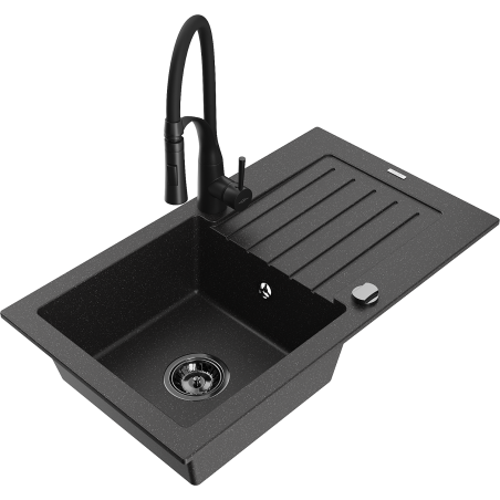 Mexen Pablo granitinis vienos kameros plautuvė su nusausinimo paviršiumi ir virtuviniu maišytuvu Aster, juodas/sidabrinis
