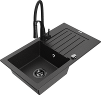 Mexen Pablo granitinis vienos kameros plautuvė su nusausinimo paviršiumi ir virtuviniu maišytuvu Aster, juodas/sidabrinis