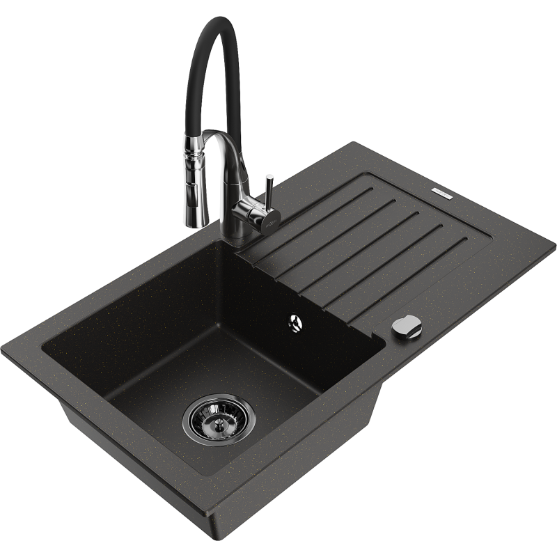 Mexen Pablo granitinė 1 kamerų virtuvės kriauklė su nusausintuvu ir virtuviniu maišytuvu Aster, juodas/auksinis metalikas