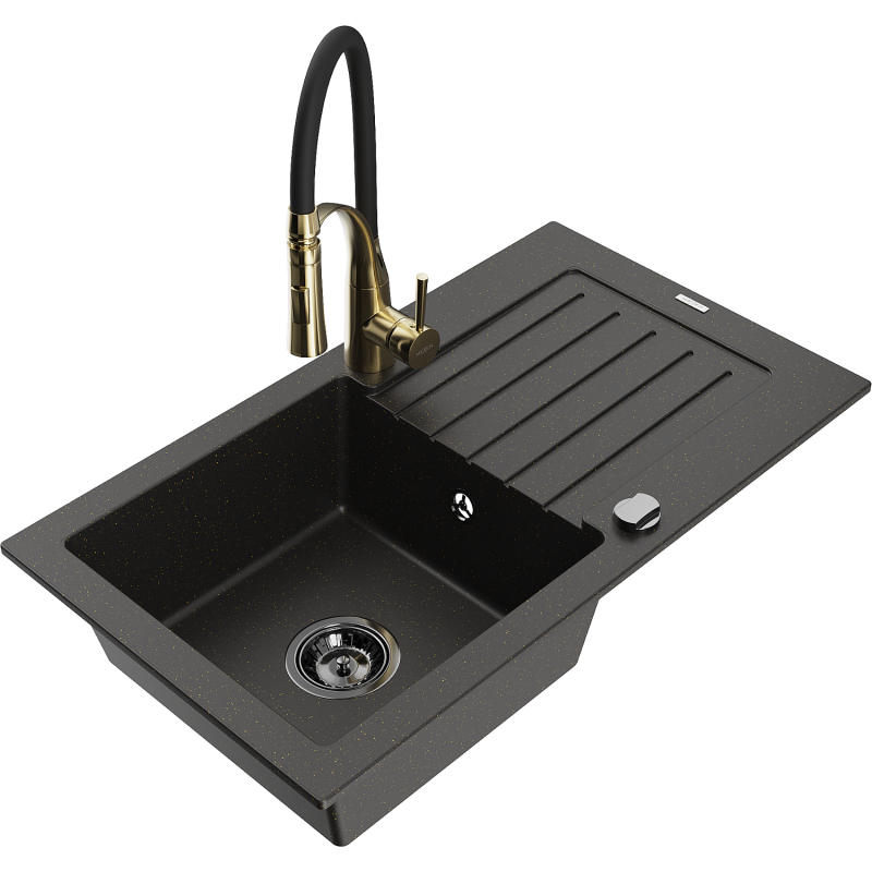 Mexen Pablo granitinė plautuvė su viena talpa ir nuvarvėjimo vieta bei virtuviniu maišytuvu Aster, juoda/aukso metalo