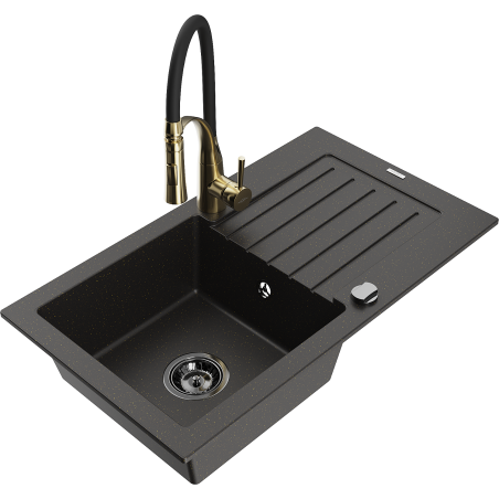 Mexen Pablo granitinė plautuvė su viena talpa ir nuvarvėjimo vieta bei virtuviniu maišytuvu Aster, juoda/aukso metalo