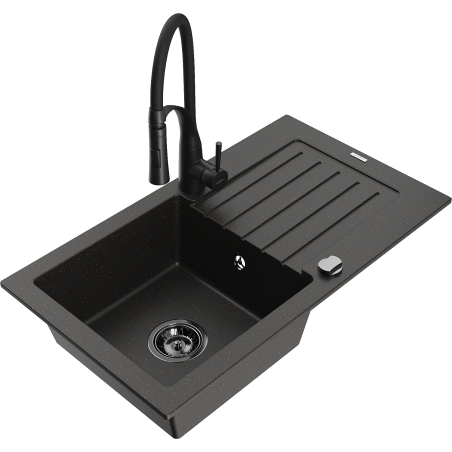 Mexen Pablo granitinė vienos kameros plautuvė su nutekamuoju paviršiumi ir virtuviniu maišytuvu Aster, juoda/auksinis