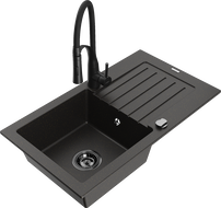 Mexen Pablo granitinė vienos kameros plautuvė su nutekamuoju paviršiumi ir virtuviniu maišytuvu Aster, juoda/auksinis