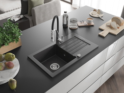 Mexen Pablo granitinė 1-kamerinė plautuvė su nutekėjimu ir virtuviniu maišytuvu Aster, juoda su taškeliais