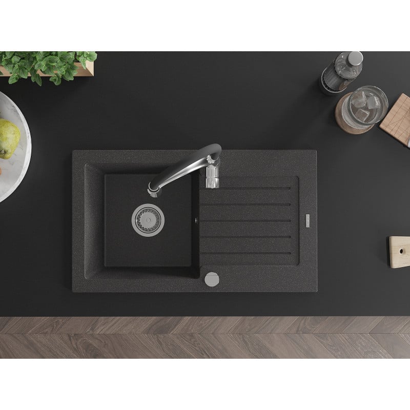 Mexen Pablo granitinė 1-kamerinė plautuvė su nutekėjimu ir virtuviniu maišytuvu Aster, juoda su taškeliais