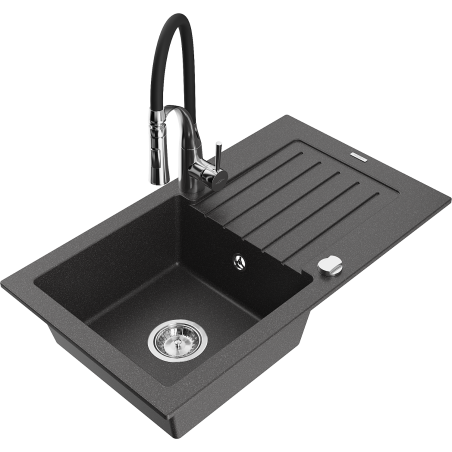 Mexen Pablo granitinė 1-kamerinė plautuvė su nutekėjimu ir virtuviniu maišytuvu Aster, juoda su taškeliais