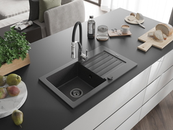 Mexen Pablo granitinis 1-osios plautuvas su nusausintuvu ir virtuviniu maišytuvu Aster, juodas dėmėtas - 6510-76-73450-07-B
