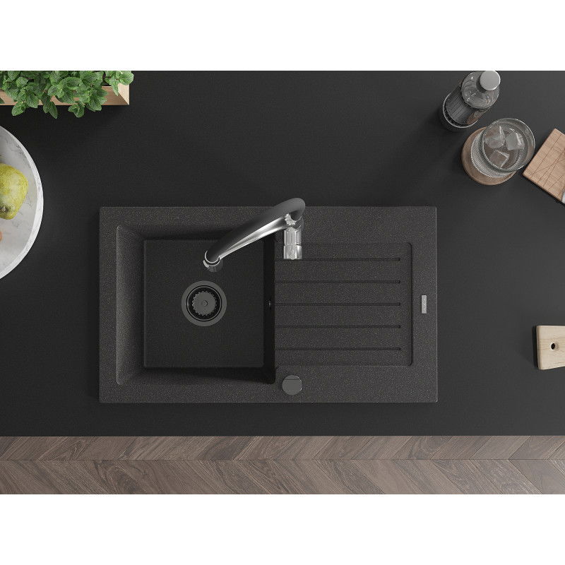 Mexen Pablo granitinis 1-osios plautuvas su nusausintuvu ir virtuviniu maišytuvu Aster, juodas dėmėtas - 6510-76-73450-07-B
