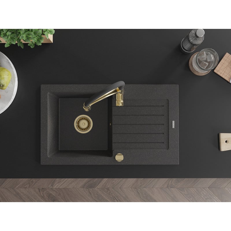 Mexen Pablo granitinė vienos kameros plautuvė su nusausinimo paviršiumi ir virtuviniu maišytuvu Aster, juoda su taškeliais