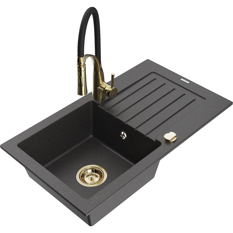 Mexen Pablo granitinė vienos kameros plautuvė su nusausinimo paviršiumi ir virtuviniu maišytuvu Aster, juoda su taškeliais