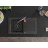 Mexen Pablo granito plautuvė su viena kamera, nutekėjimo paviršiumi ir virtuviniu maišytuvu Aster, juoda dėmėta
