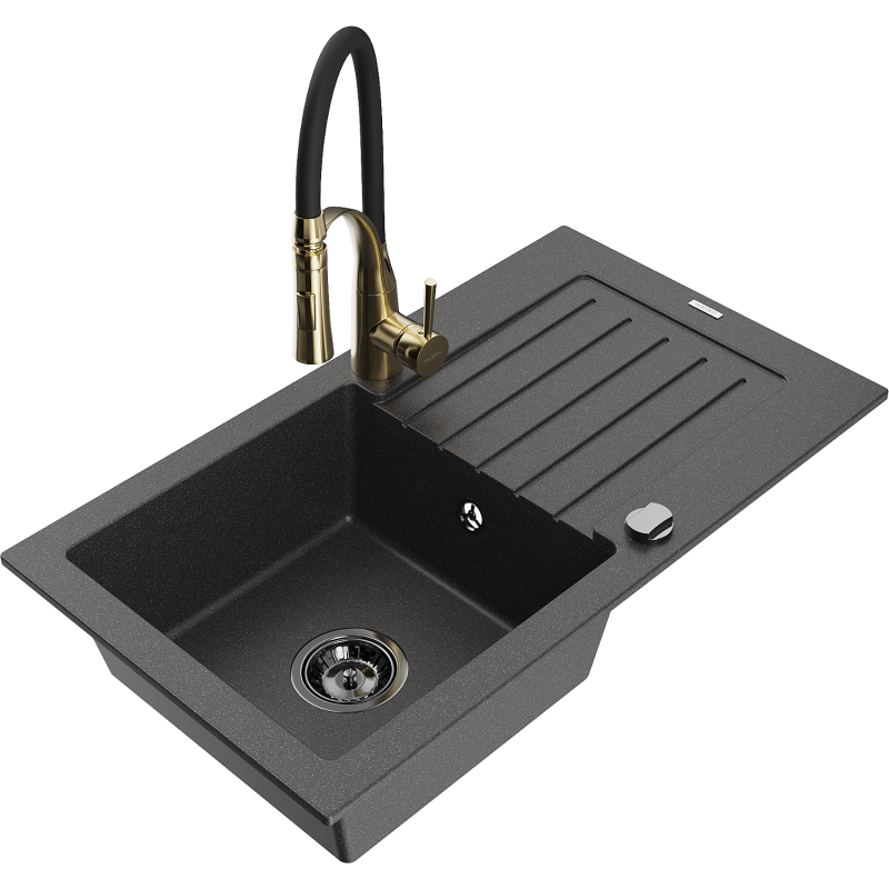 Mexen Pablo granito plautuvė su viena kamera, nutekėjimo paviršiumi ir virtuviniu maišytuvu Aster, juoda dėmėta