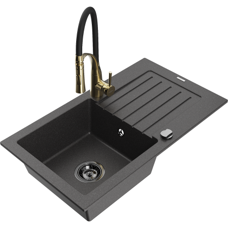Mexen Pablo granito plautuvė su viena kamera, nutekėjimo paviršiumi ir virtuviniu maišytuvu Aster, juoda dėmėta