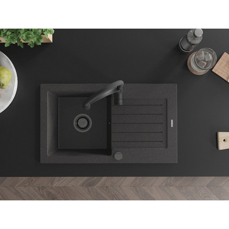 Mexen Pablo granitinis plautuvė vienos kameros su nutekėjimu ir virtuviniu maišytuvu Aster, juodas dėmėtas - 6510-76-73450-70-B