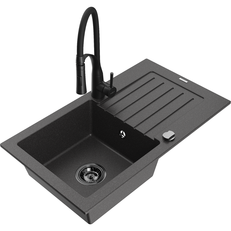 Mexen Pablo granitinis plautuvė vienos kameros su nutekėjimu ir virtuviniu maišytuvu Aster, juodas dėmėtas - 6510-76-73450-70-B