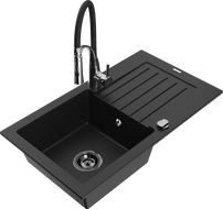Mexen Pablo vienos dubens granitinė plautuvė su drenažu ir virtuviniu maišytuvu Aster, juoda - 6510-77-73450-07-B