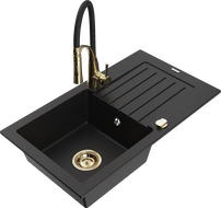 Mexen Pablo granito plautuvė su viena kamera ir nuvarvėjimo zona bei virtuviniu maišytuvu Aster, juodas - 6510-77-73450-57-G