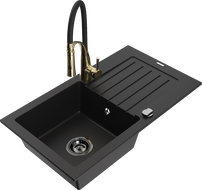 Mexen Pablo vienkamerė granito plautuvė su nusausinimo skyriumi ir virtuvinės maišytuvu Aster, juoda - 6510-77-73450-57-B