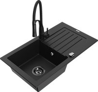 Mexen Pablo vienos kameros granitinė kriauklė su nutekamuoju paviršiumi ir virtuviniu maišytuvu Aster, juoda