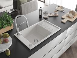 Mexen Elias granitinis vienos kameros virtuvės kriauklė su nusausintuvu ir virtuvės maišytuvu Aster, balta - 6511-20-73450-02