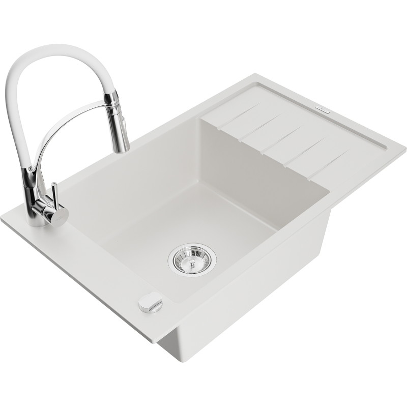 Mexen Elias 1 kamerų granitinė kriauklė su nutekamuoju kanalu ir virtuviniu maišytuvu Aster, balta - 6511-20-73450-02