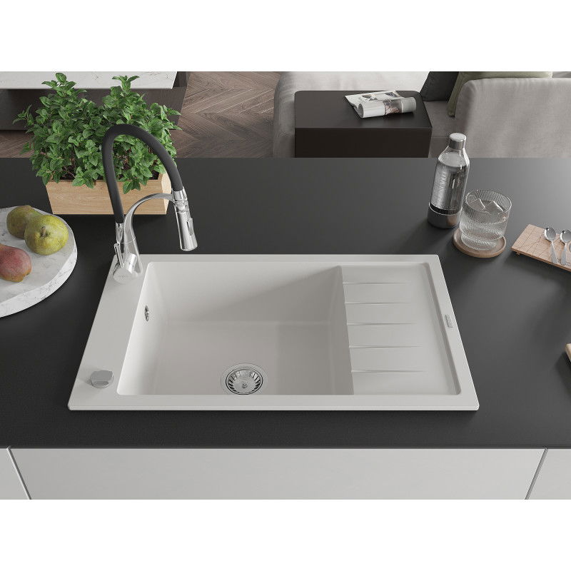 Mexen Elias granitinė vienos plautuvės kriauklė su nusausintuvu ir Aster virtuviniu maišytuvu, balta - 6511-20-73450-07