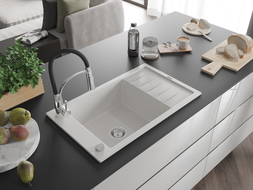 Mexen Elias granitinė vienos talpos plautuvė su varvantės paviršiumi ir virtuvės maišytuvu Aster, balta - 6511-20-73450-07