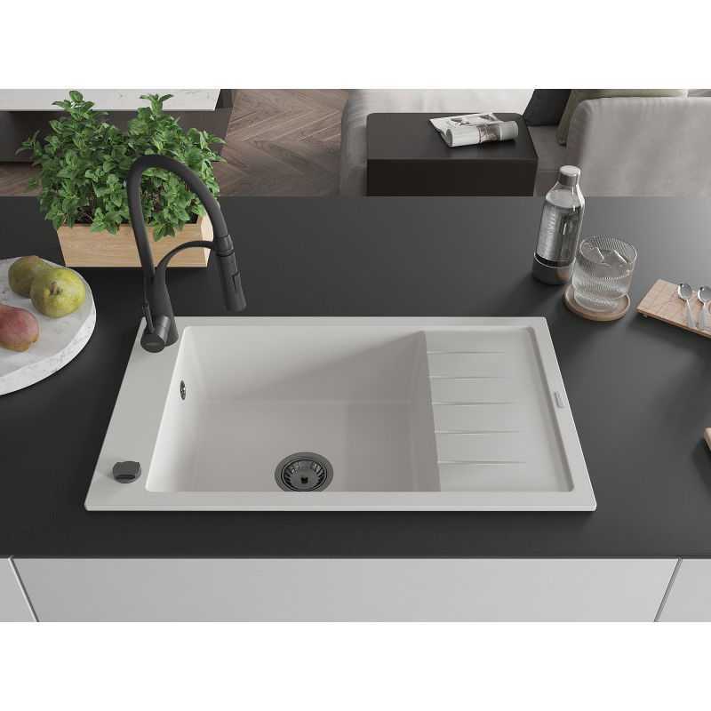 Mexen Elias granitinis virtuvės plautuvės 1 skyrius su džiovykla ir virtuviniu maišytuvu Aster, baltas - 6511-20-73450-70-B