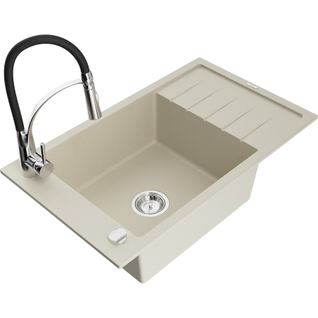 Mexen Elias granitinė vienos talpos kriauklė su nubėgimo zona ir virtuviniu maišytuvu Aster, smėlio spalvos