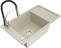 Mexen Elias granitinė vienos talpos kriauklė su nubėgimo zona ir virtuviniu maišytuvu Aster, smėlio spalvos