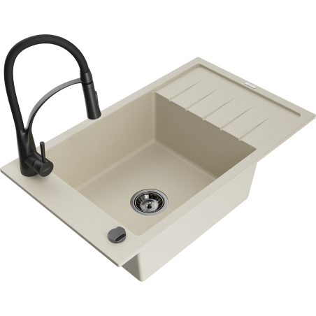 Mexen Elias granitinė vienos kameros virtuvės kriauklė su nusausintoju ir maišytuvu Aster, smėlio spalvos