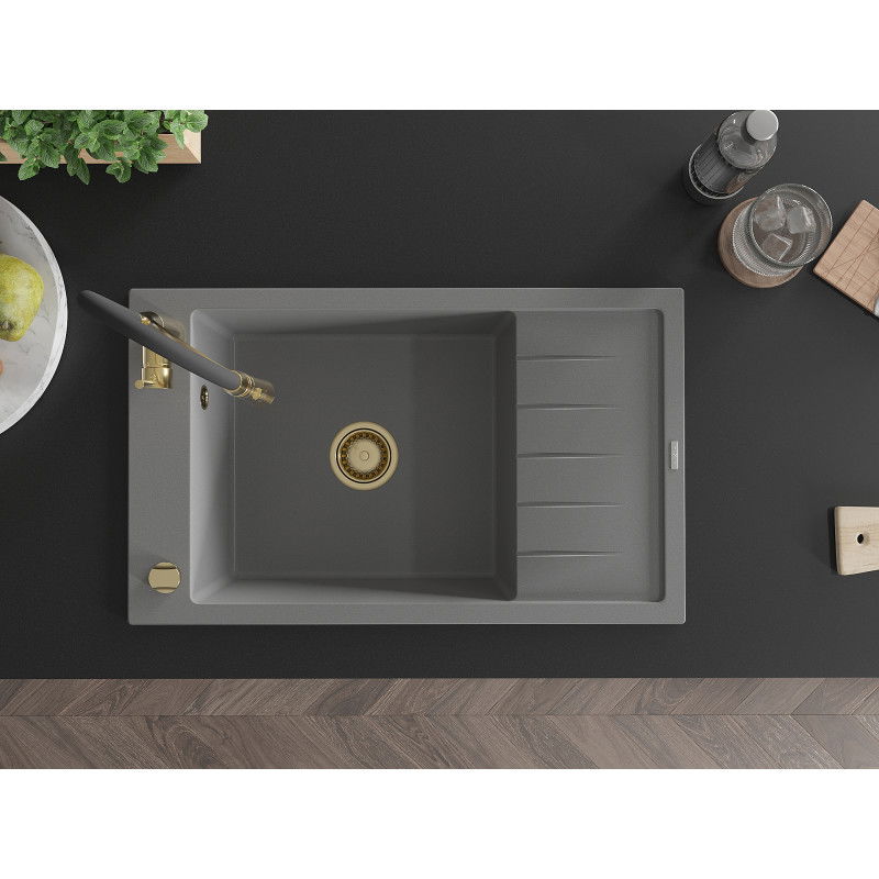 Mexen Elias granitinis vienos sekcijos kriauklė su nusausintuvu ir virtuviniu maišytuvu Aster, pilkas - 6511-71-73450-57-G