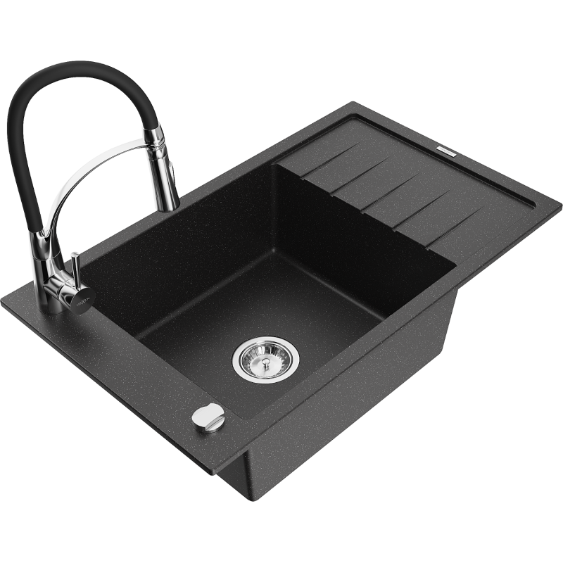 Mexen Elias granitinė vieno dubens plautuvė su nusausintuvu ir virtuviniu maišytuvu Aster, juoda/sidabrinė metalo spalva