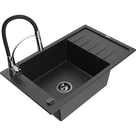 Mexen Elias granitinė vienos angos kriauklė su nuvarvėjimo padėklu ir virtuvinės baterija Aster, juoda/sidabrinė metalo