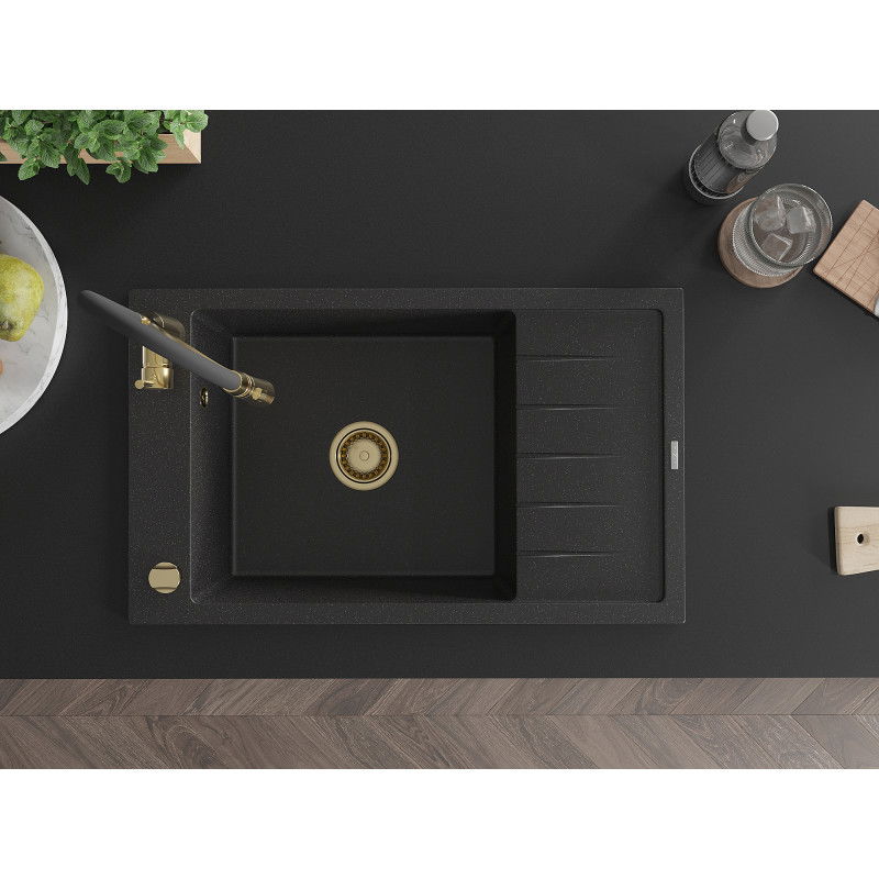 Mexen Elias granito plautuvė su vienu skyriumi, lašėjimo indu ir virtuvės maišytuvu Aster, juodos/sidabro spalvos metalikas