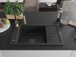 Mexen Elias granitinė virtuvinė kriauklė su džiovinimo zona ir Aster čiaupu, juoda/sidabrinė metalo spalva - 6511-73-73450-57-B