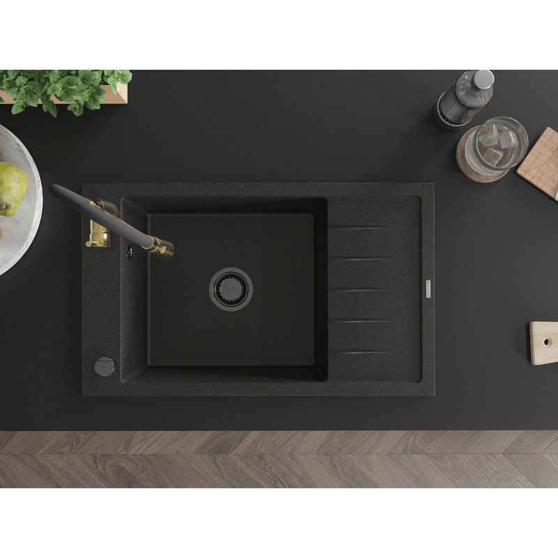 Mexen Elias granitinė virtuvinė kriauklė su džiovinimo zona ir Aster čiaupu, juoda/sidabrinė metalo spalva - 6511-73-73450-57-B