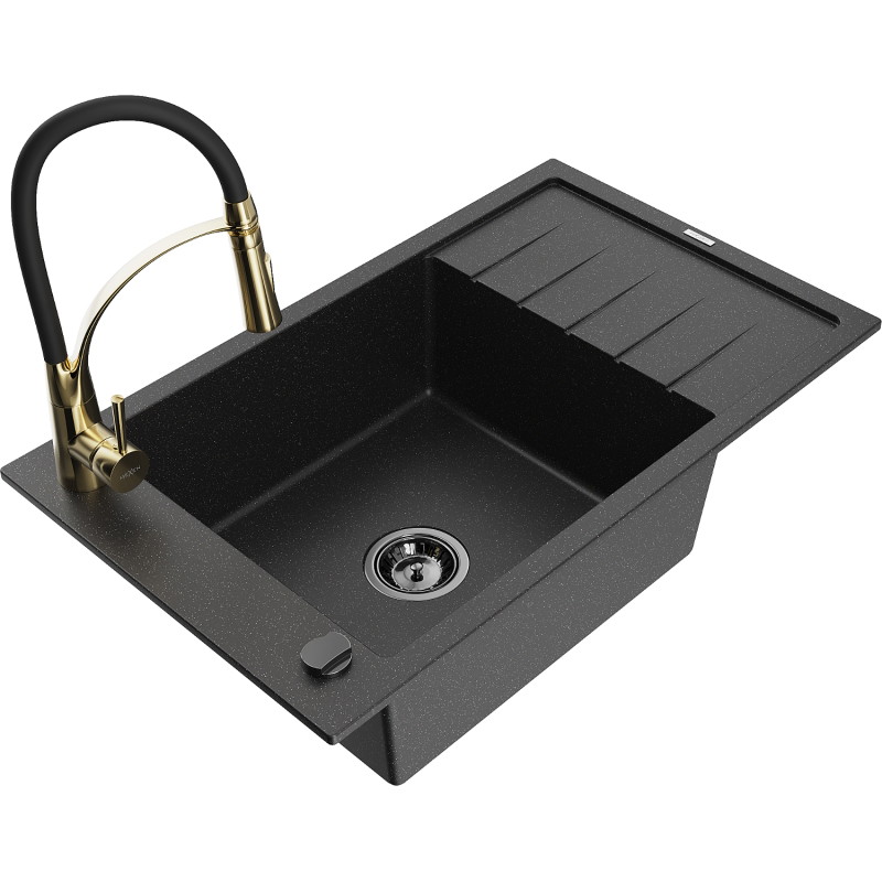 Mexen Elias 1-dubens granito plautuvė su nusausintuvu ir virtuviniu maišytuvu Aster, juodas/sidabrinis metalikas