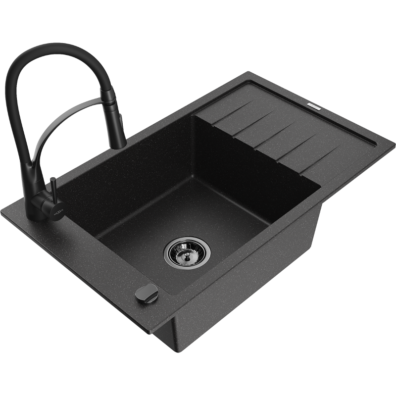 Mexen Elias granitinė vienos kameros plautuvė su nutekamuoju paviršiumi ir virtuviniu maišytuvu Aster, juoda/sidabrinis