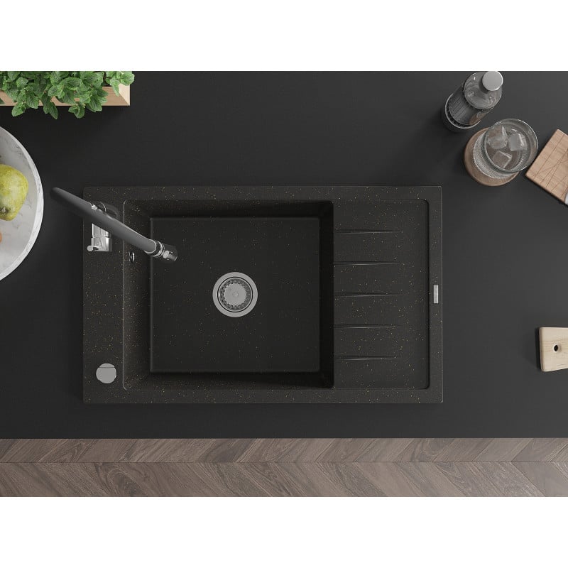 Mexen Elias granitinė viena dubens kriauklė su nutekamu ir virtuviniu maišytuvu Aster, juoda/auksinė metalo spalva