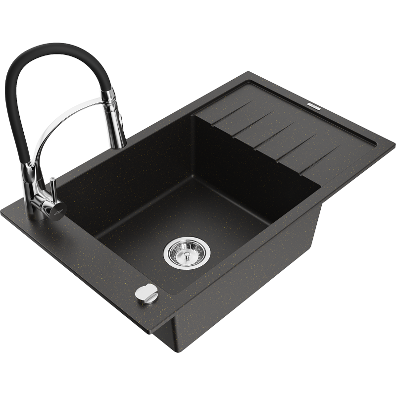 Mexen Elias granitinė viena dubens kriauklė su nutekamu ir virtuviniu maišytuvu Aster, juoda/auksinė metalo spalva