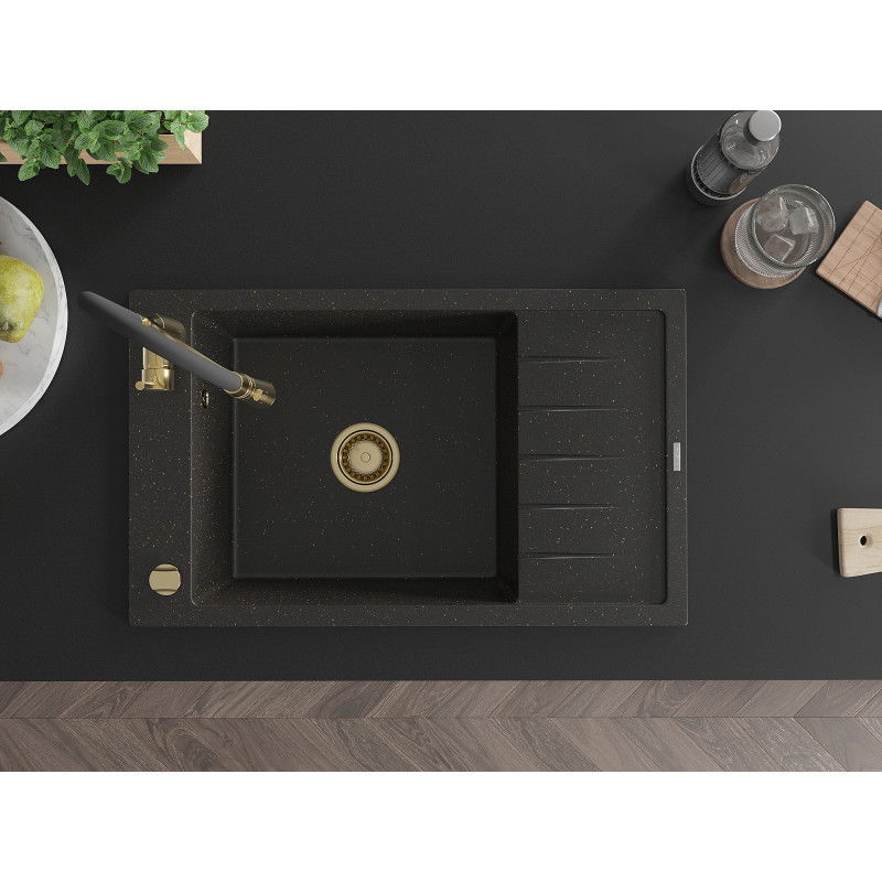 Mexen Elias granitinė plautuvė, 1 skyrius su nutekamu, juodas/auksinis metalikas - 6511-75-73450-57-G