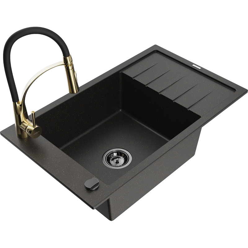 Mexen Elias vienos plautuvės granitinė kriauklė su nusausintuvu ir virtuviniu maišytuvu Aster, juodos/auksinės spalvos