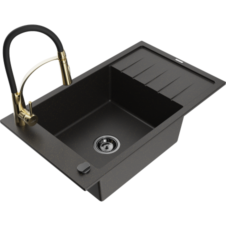 Mexen Elias vienos plautuvės granitinė kriauklė su nusausintuvu ir virtuviniu maišytuvu Aster, juodos/auksinės spalvos