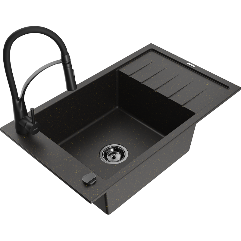 Mexen Elias granitinė vienos sekcijos plautuvė su nusausintuvu ir virtuviniu maišytuvu Aster, juodas/auksinis metalikas