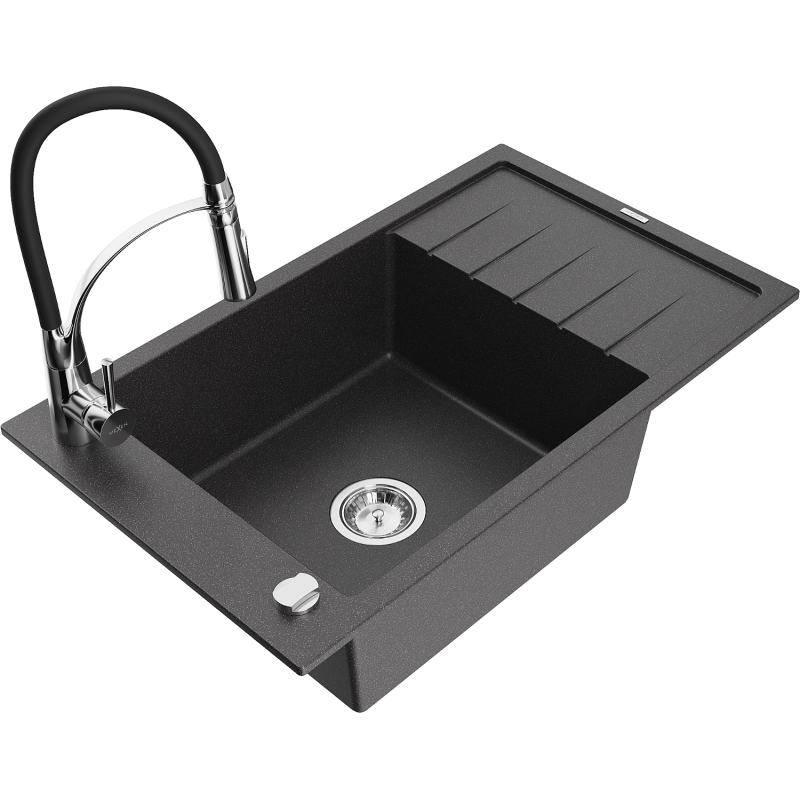 Mexen Elias granitinė plautuvė su vienu dubeniu, lašintuvu ir virtuviniu maišytuvu Aster, juoda taškuota - 6511-76-73450-07