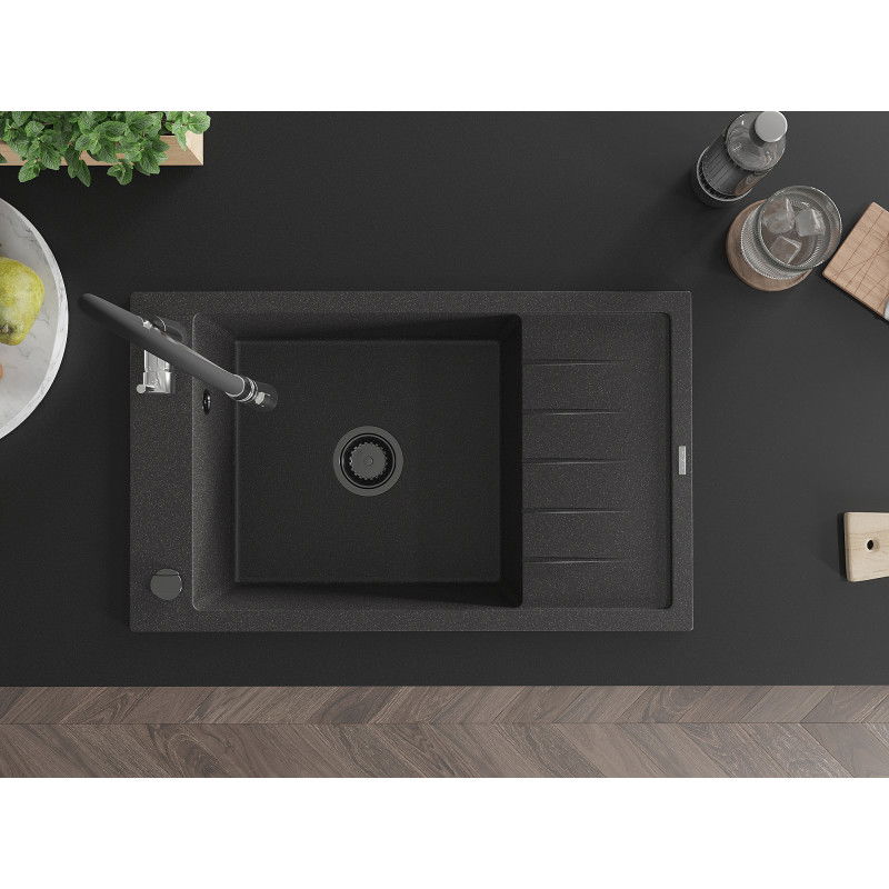 Mexen Elias granitinė vienos plautuvės kriauklė su drenažu ir virtuviniu maišytuvu Aster, juodas taškuotas